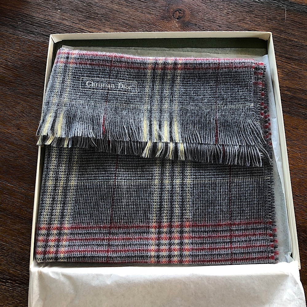 Vintage Christian Dior Men’s Plaid Merino Wool Scarf 52”x13”